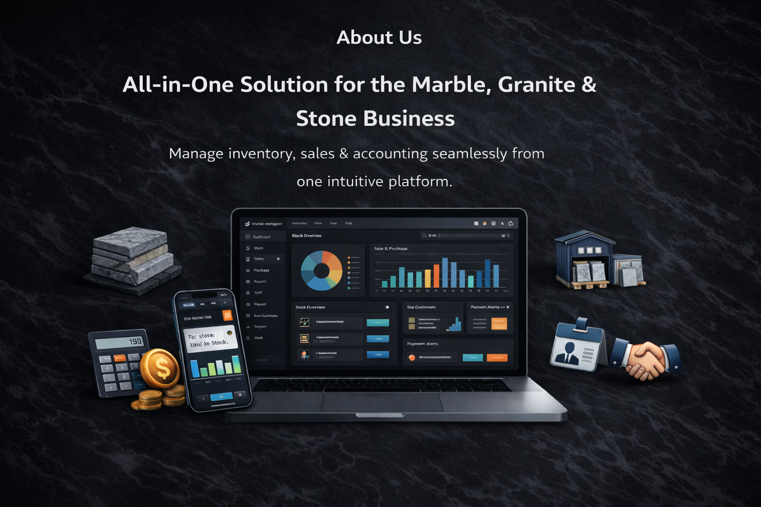 Marble Ledgers software interface showing business management features